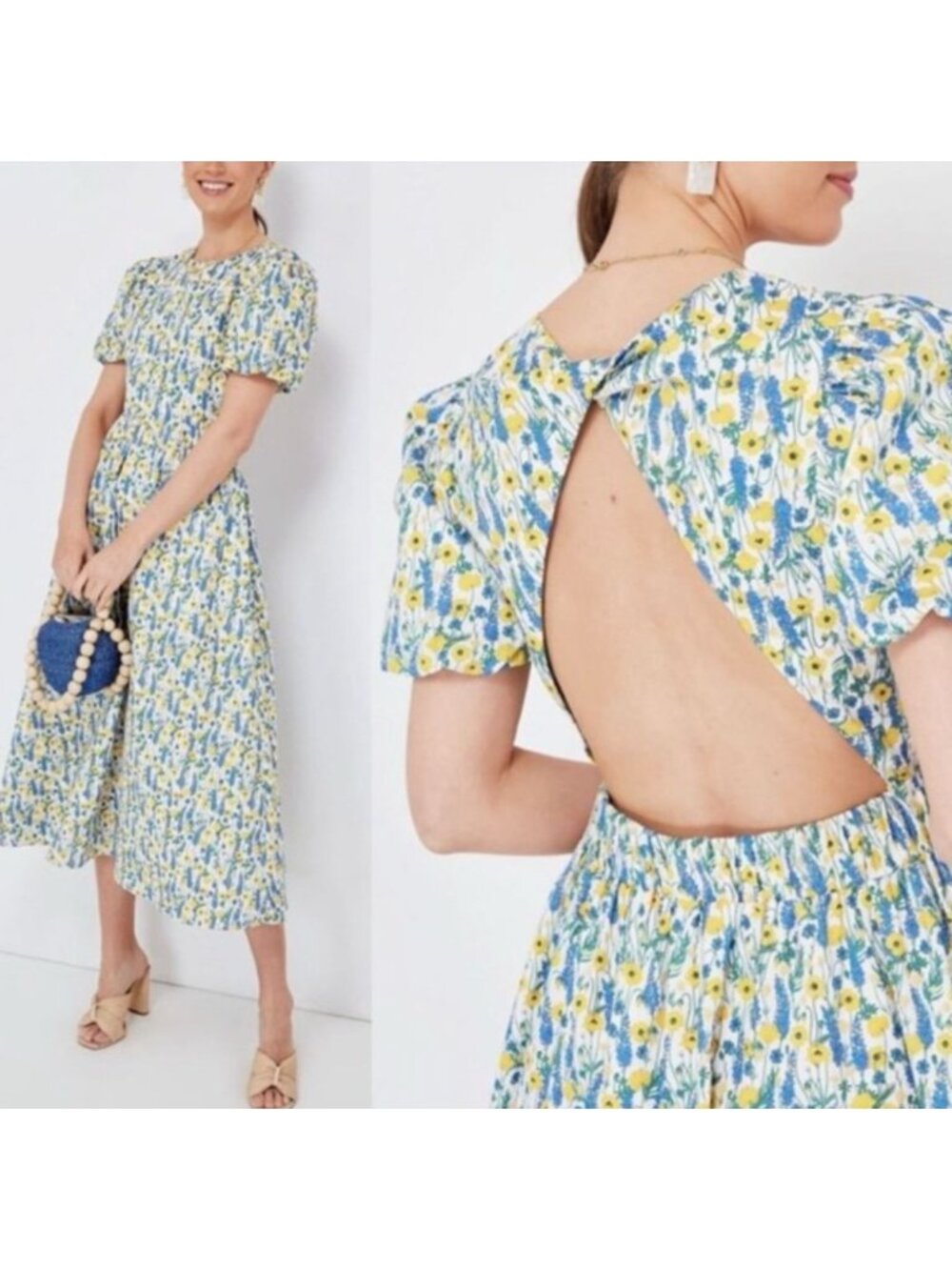 Tuckernuck Hyacinth House Yellow Blue Floral Nicole Cut Out Maxi Dress Size XL